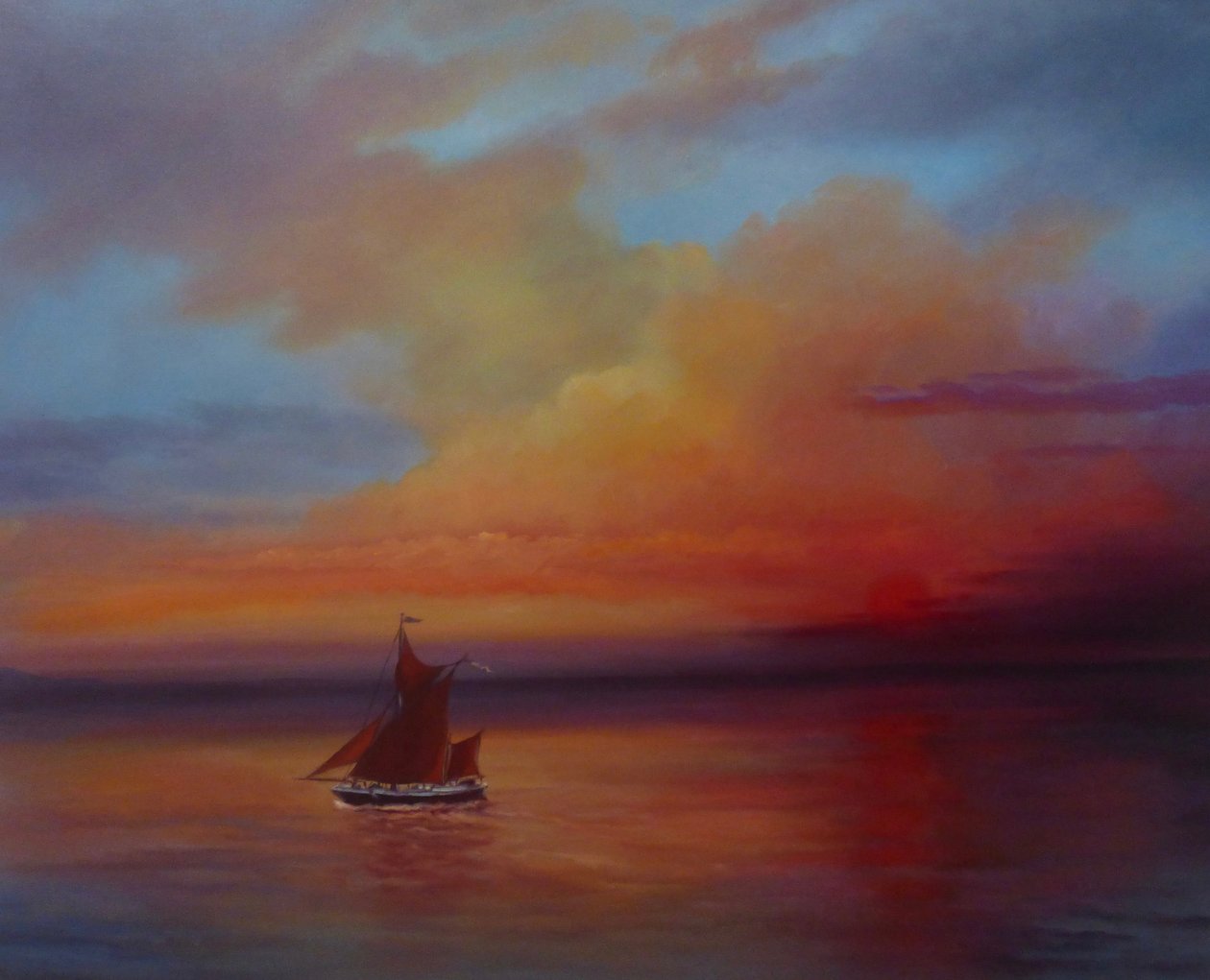 Red Sails - Thames Barge teljes vitorláson, 2022 (olaj, vászon) alkotó: Lee Campbell