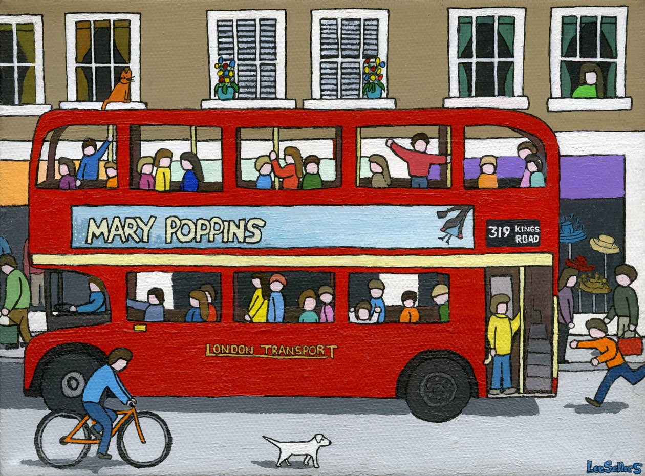 Londoni busz, 2015 (akril és tinta, vászon) alkotó: Lee Sellers