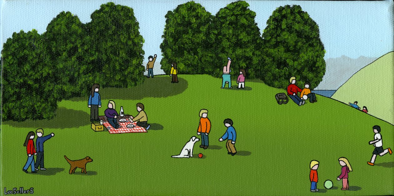 Piknik a dombon, 2015 (akril és tinta vászonra) alkotó: Lee Sellers
