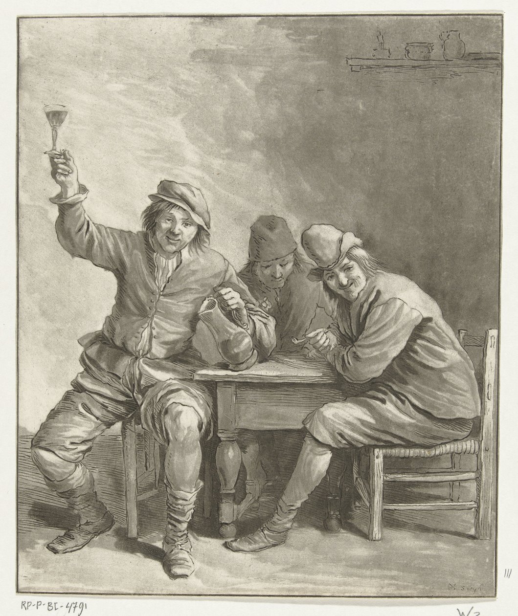 Három férfi dohányzik és iszik az asztalnál alkotó: Leendert Brasser (signed by artist)
