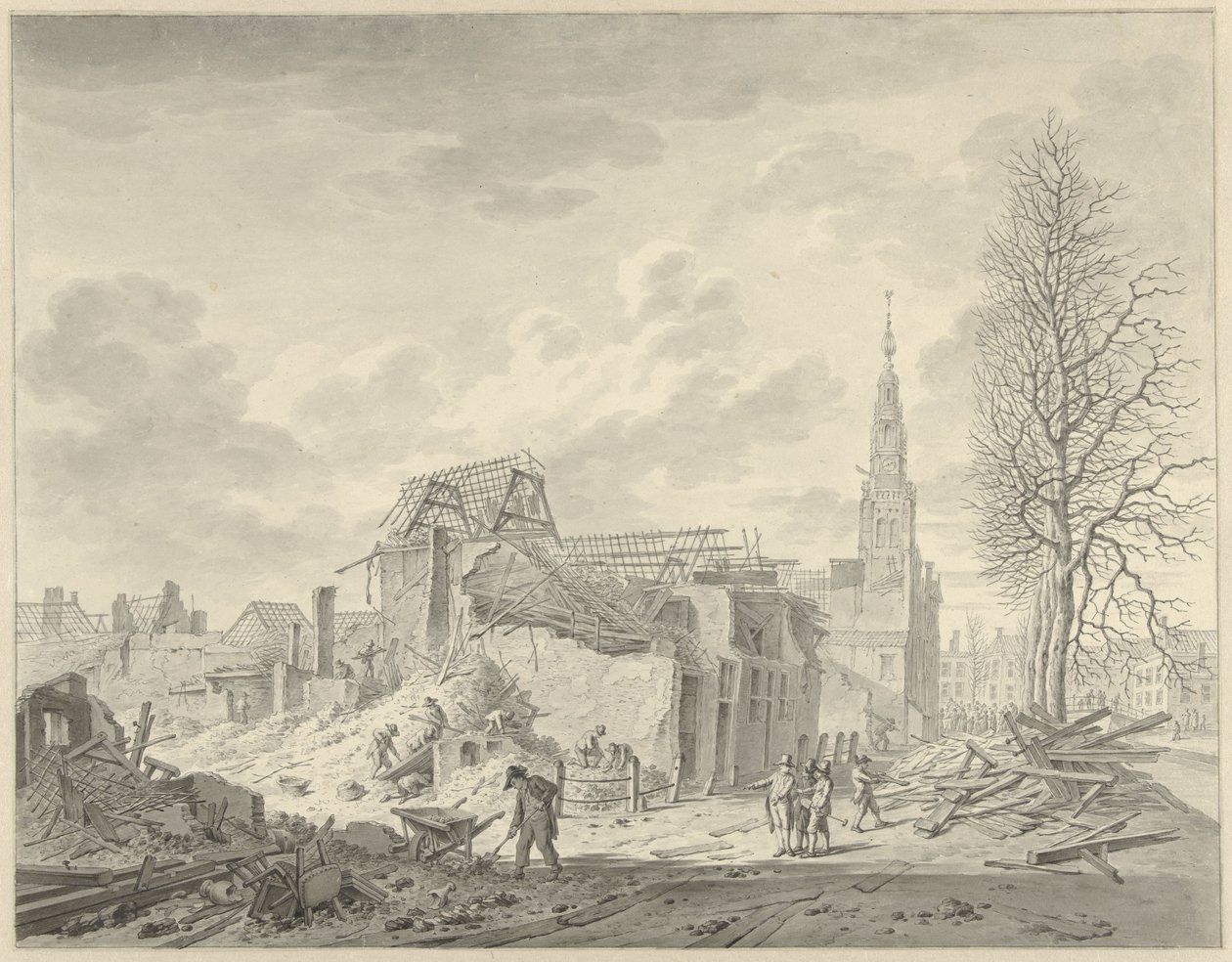 Kilátás a leideni Rapenburgra az 1807. január 12-i puskapor-katasztrófa után alkotó: Leendert Overbeek