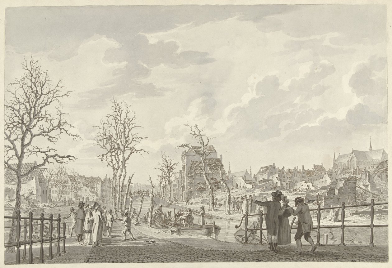 Romok a leideni Rapenburgon, az 1807. január 12-i puskaporos katasztrófa után alkotó: Leendert Overbeek