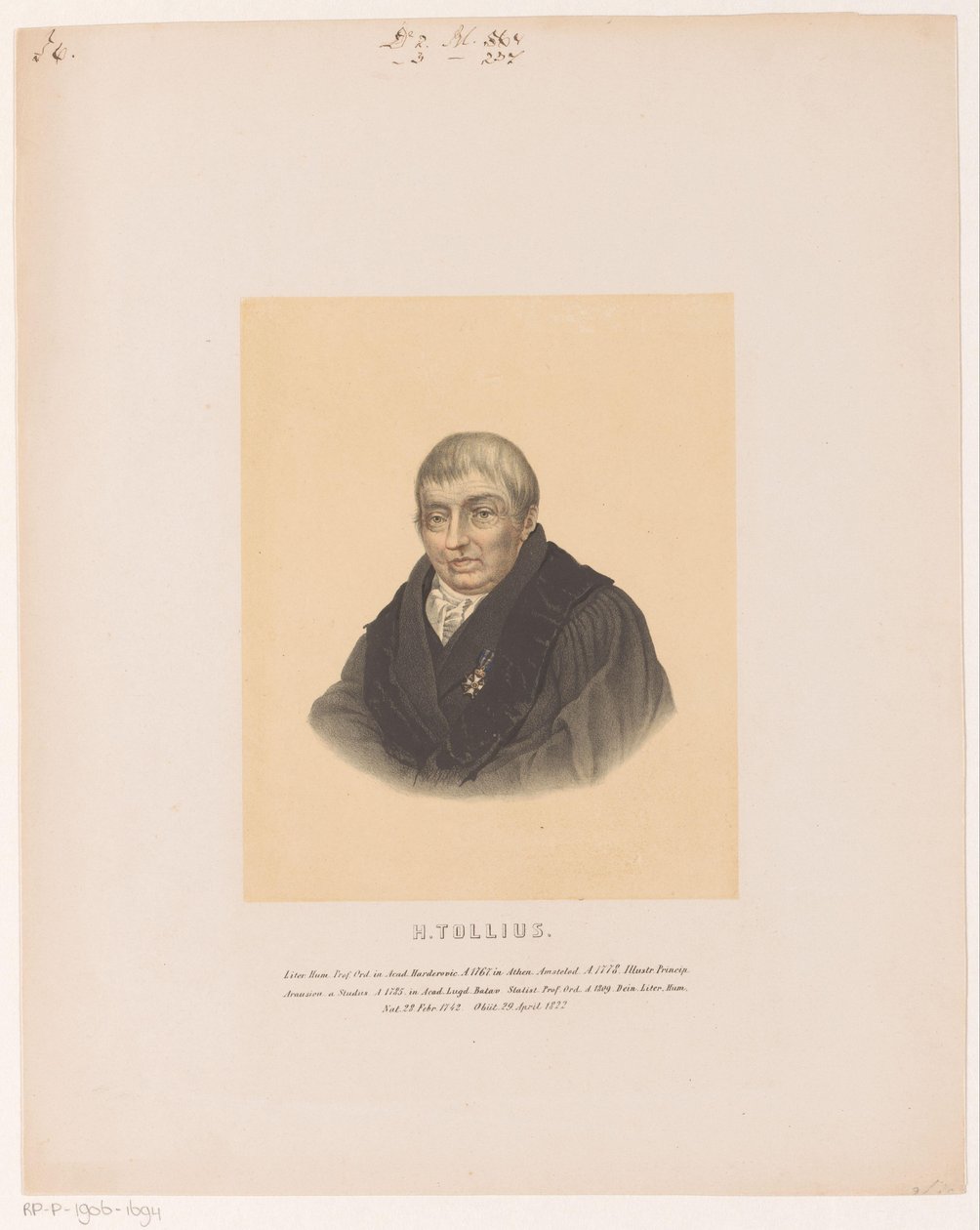 Portré van Herman Tollius H. Tollius (cím a tárgyon) alkotó: Leendert Springer (I)