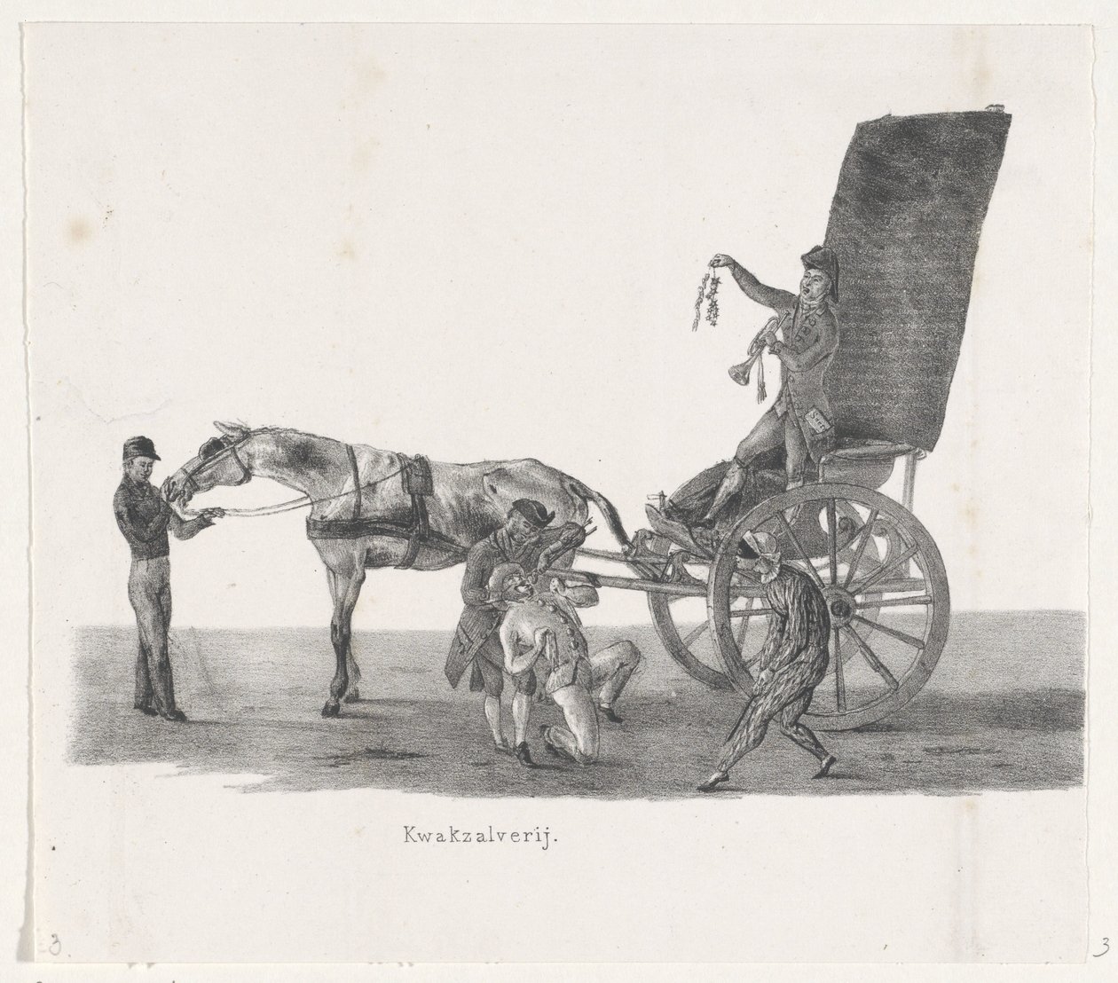 Sjees siklóval, 1835 Csepp (cím a tárgyon) Az egyéni előadások, amelyeket az emelkedők tartott H.H. A Leidsche Hoogeschool diákjai 1835. február 9-én, lezárva (a sorozat címe az objektumon) alkotó: Leendert Springer (I)