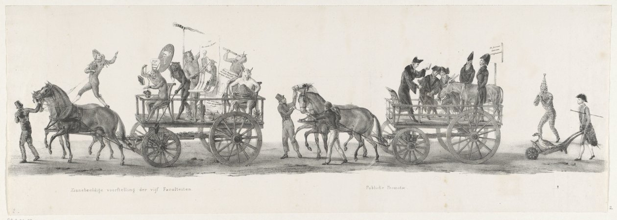 Vijf Faculteiten en een Publieke Promotie, 1835 Zinnebeeldige voorstelling der vijf Faculteiten / Publieke Promotie (title on object) De afzonderlijke voorstellingen, welke den optogt, gehouden door H.H. Studenten der Leidsche Hoogeschool op den 9 Feb: 1   alkotó: Leendert Springer (I)