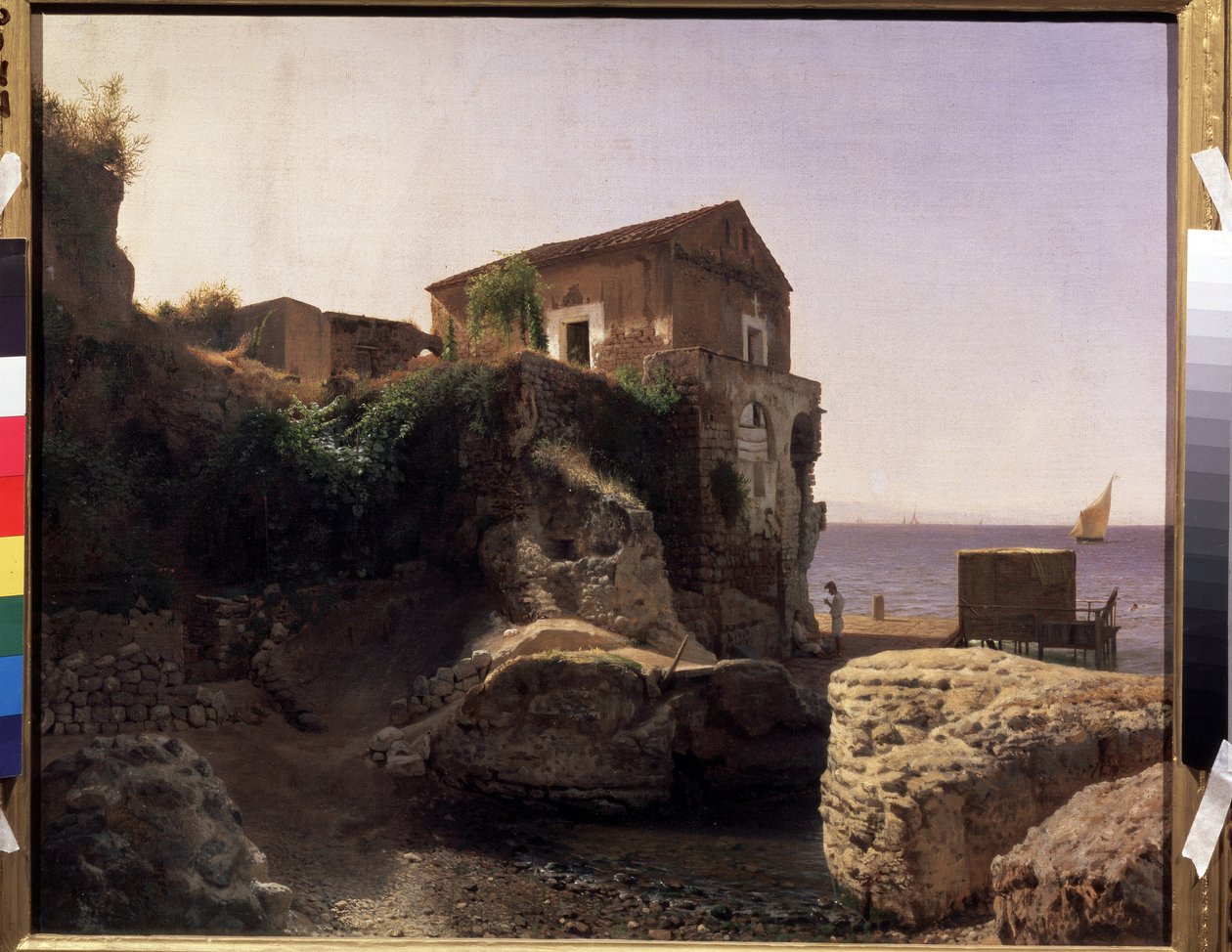 Capri szigetén (Olaszország) Halászház. (A Capri-szigeten, Halászház). A tengeri halászhajó leírásával és a hagyományos kikötőpontonnal. Lev Felixovich Lagorio (1827-1905) festménye, olaj, vászon alkotó: Lef Feliksovich Lagorio
