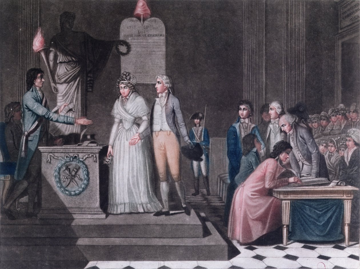 Polgármester köztársasági házasságot köt a francia forradalom idején, 1795 körül (színes metszet) alkotó: Legrand