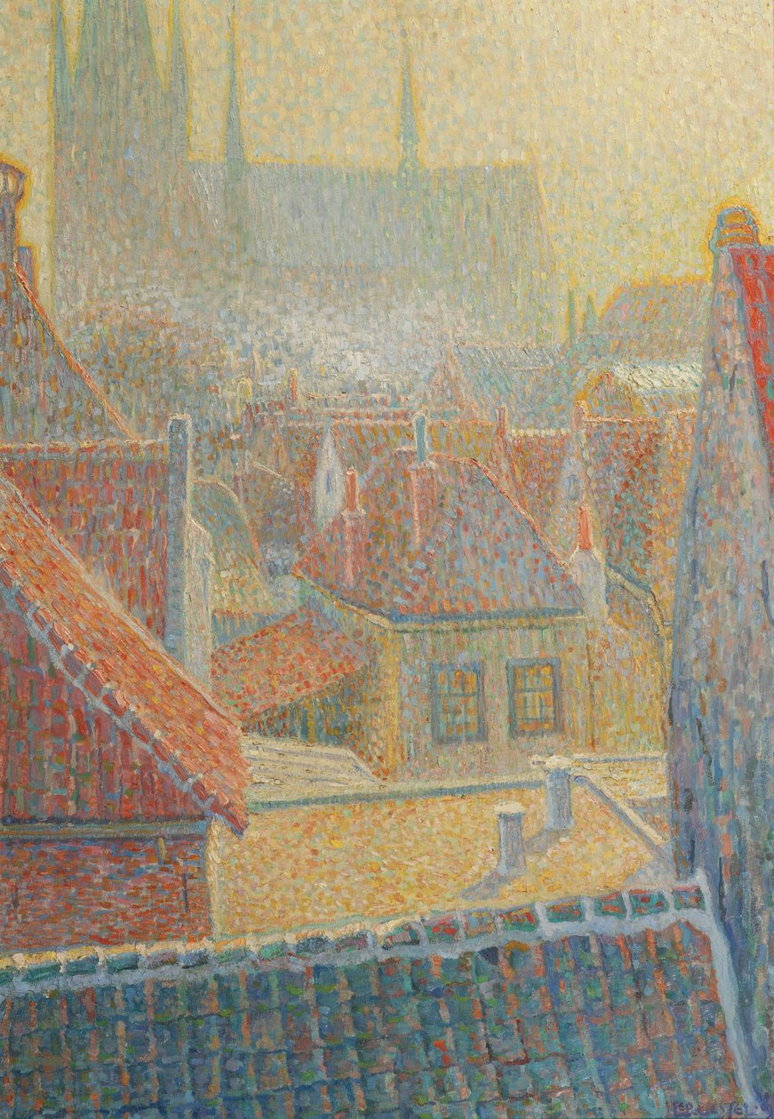 kilátás a Woerden -i templom felé alkotó: Leo Gestel