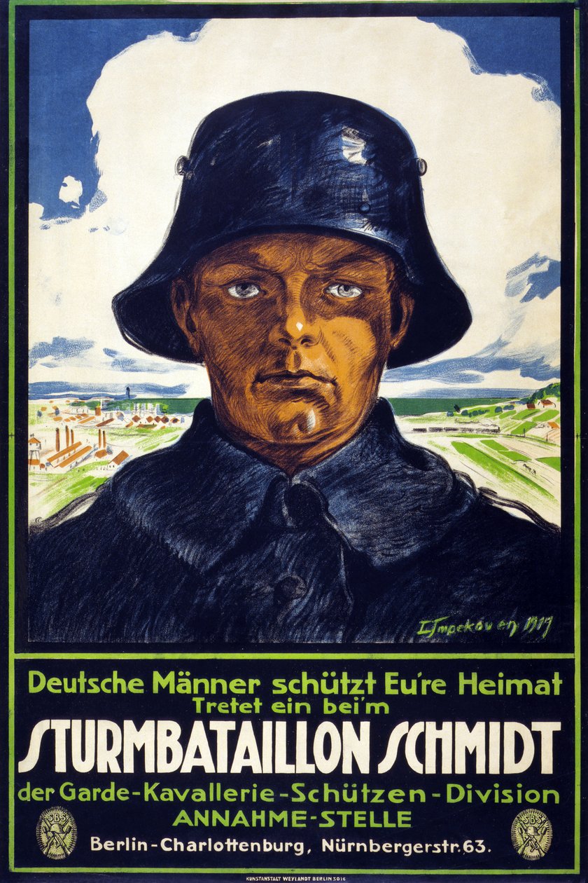 Német toborzó plakát Sturmbataillon Schmidt; Deutsche Männer schütt Eure Heimat! Join the ?, pub. 1919 alkotó: Leo Impekoven