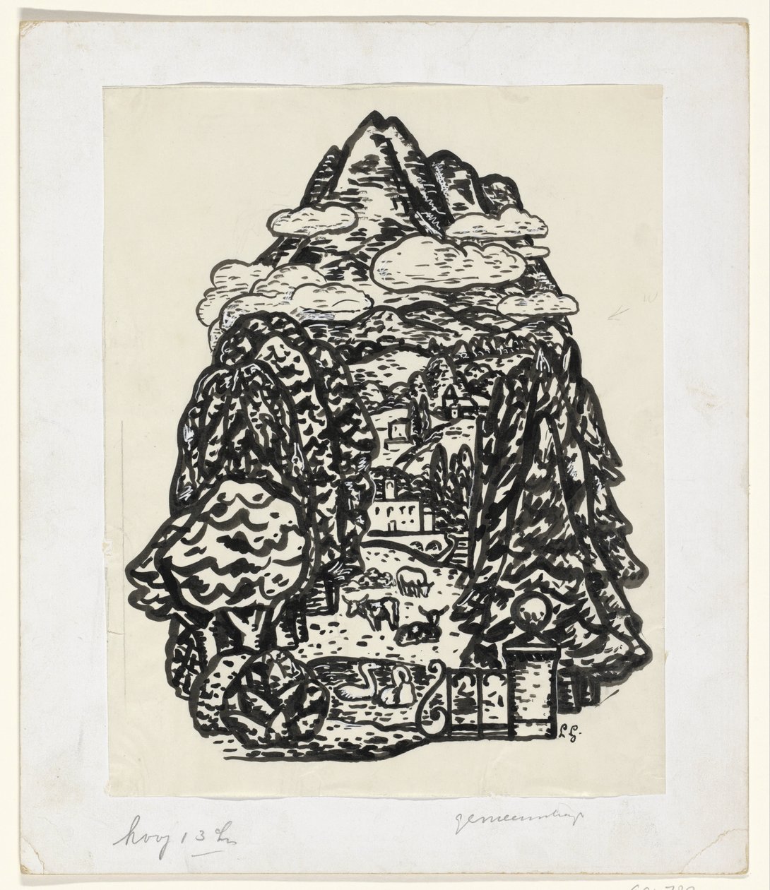 Hegyi táj fákkal és szarvasmarhákkal alkotó: Leo Gestel (signed by artist)