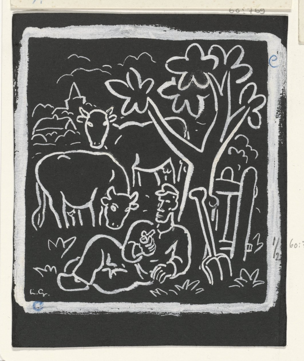 Farmer pihen egy fa alatt a réten tehenekkel alkotó: Leo Gestel (signed by artist)