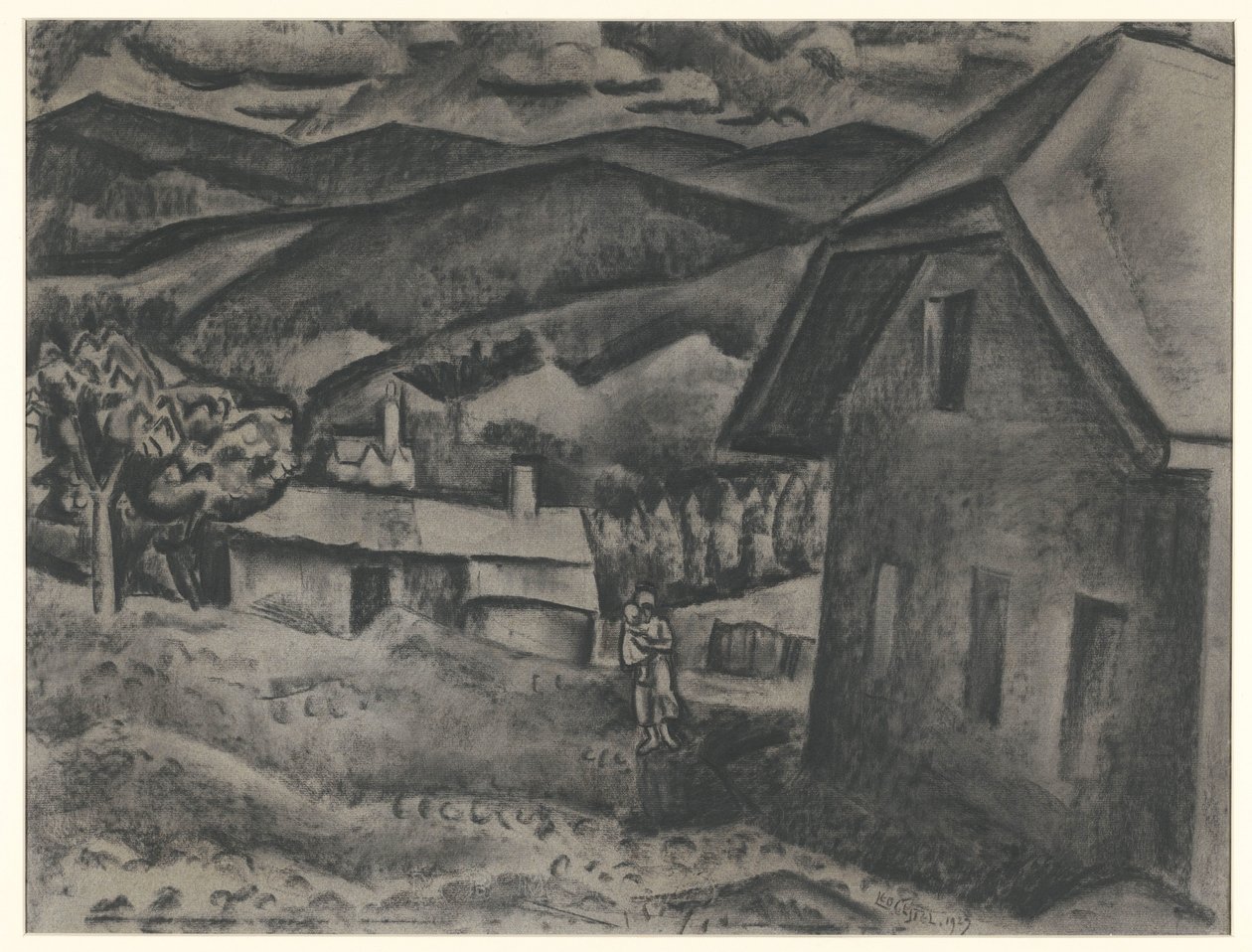 Táj nő gyermekkel egy ház előtt alkotó: Leo Gestel (signed by artist)