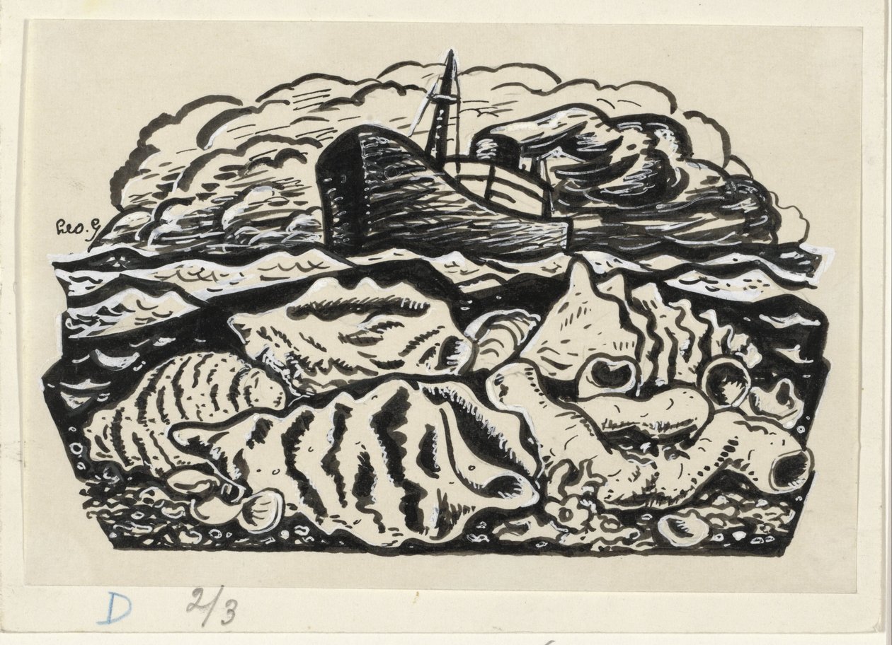 Gőzhajó a tengeren kagylókkal a tengerparton alkotó: Leo Gestel (signed by artist)