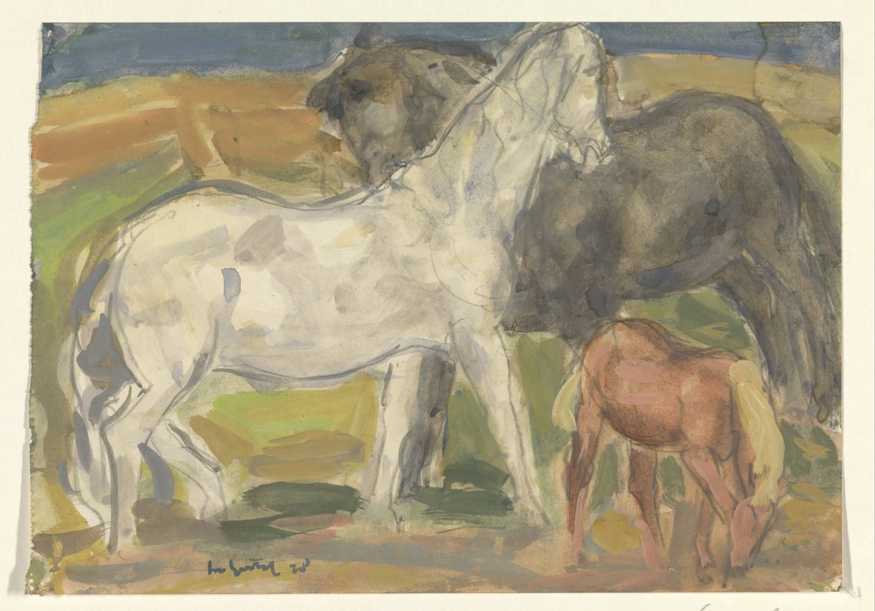 Két ló és egy csikó egy tájban alkotó: Leo Gestel (signed by artist)
