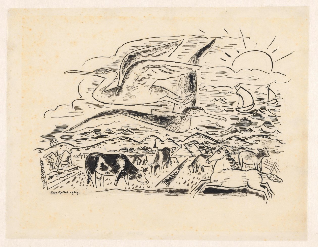 Két madár repül át egy tájon szarvasmarhákkal alkotó: Leo Gestel (signed by artist)