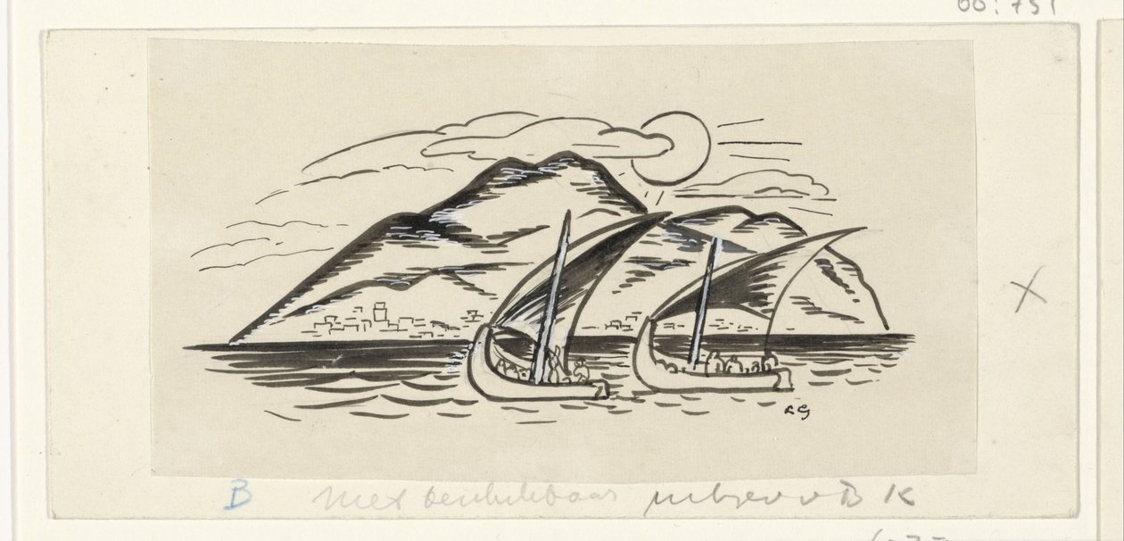 Két vitorlás egy hegyekkel teli sziget előtt alkotó: Leo Gestel (signed by artist)