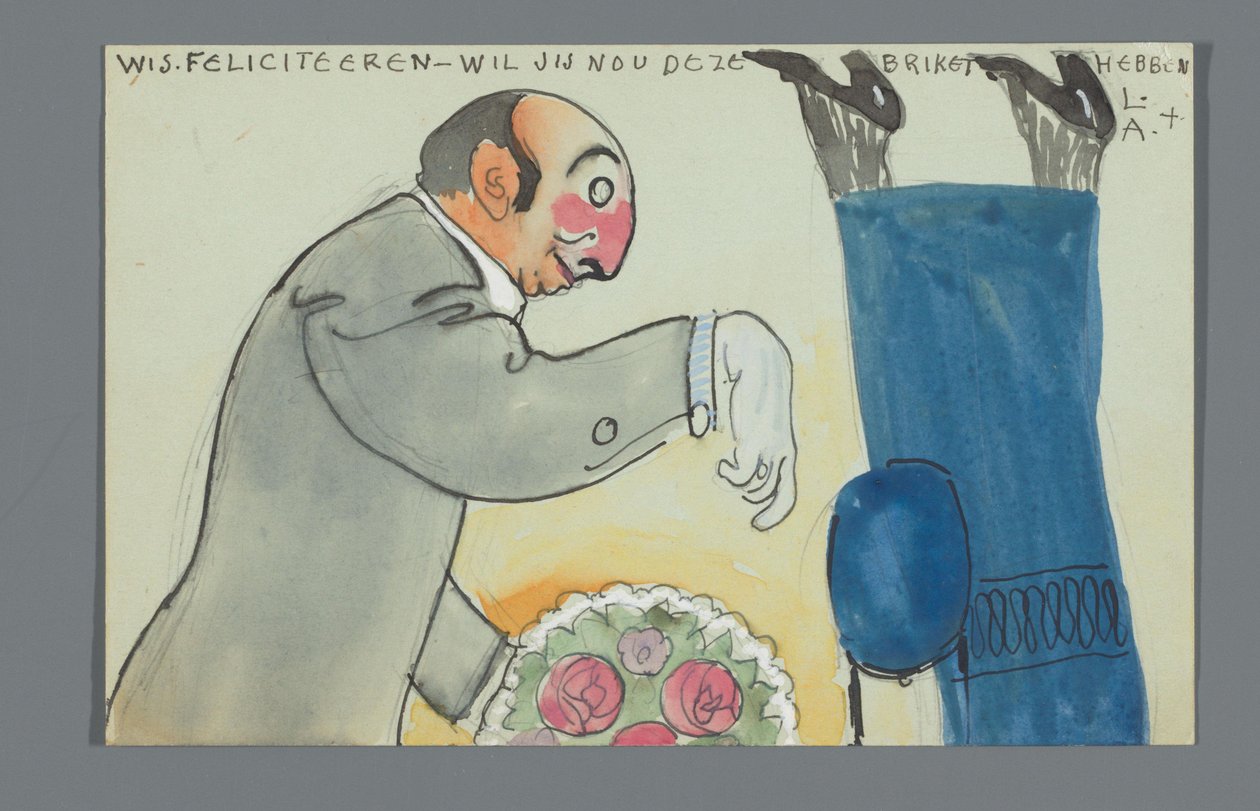 Postkarte mit einer Zeichnung des Unterkörpers von An Overtoom und Oberkörpers von Leo Gestel mit Blumenstrauß alkotó: Leo Gestel
