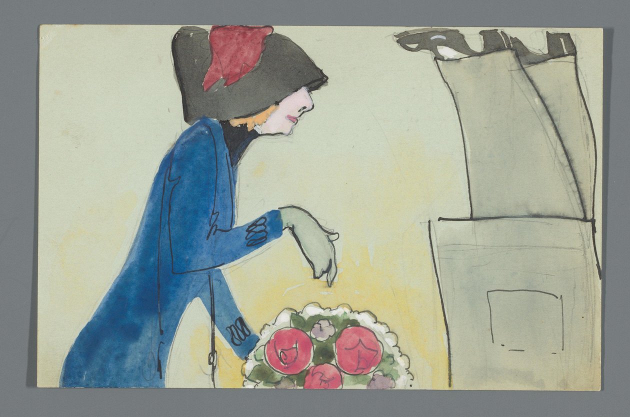 Postkarte mit einer Zeichnung des Unterkörpers von Leo Gestel und Oberkörpers von An Overtoom mit Blumenstrauß alkotó: Leo Gestel