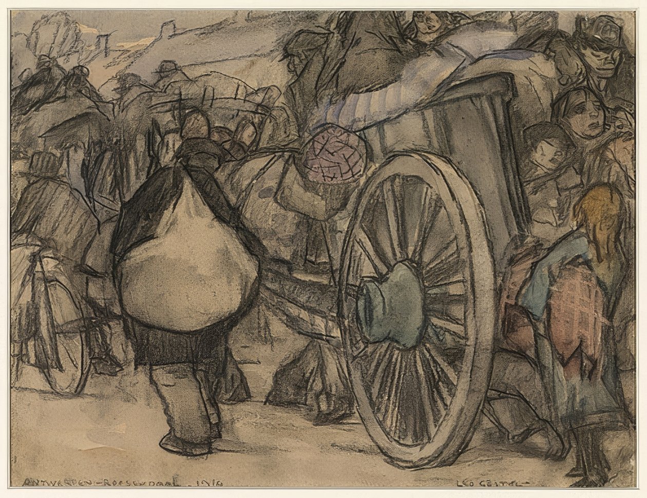 Flüchtlinge auf dem Weg von Amsterdam nach Roosendaal (Antwerpenből Roosendaalba tartó menekültek). 1914 alkotó: Leo Gestel