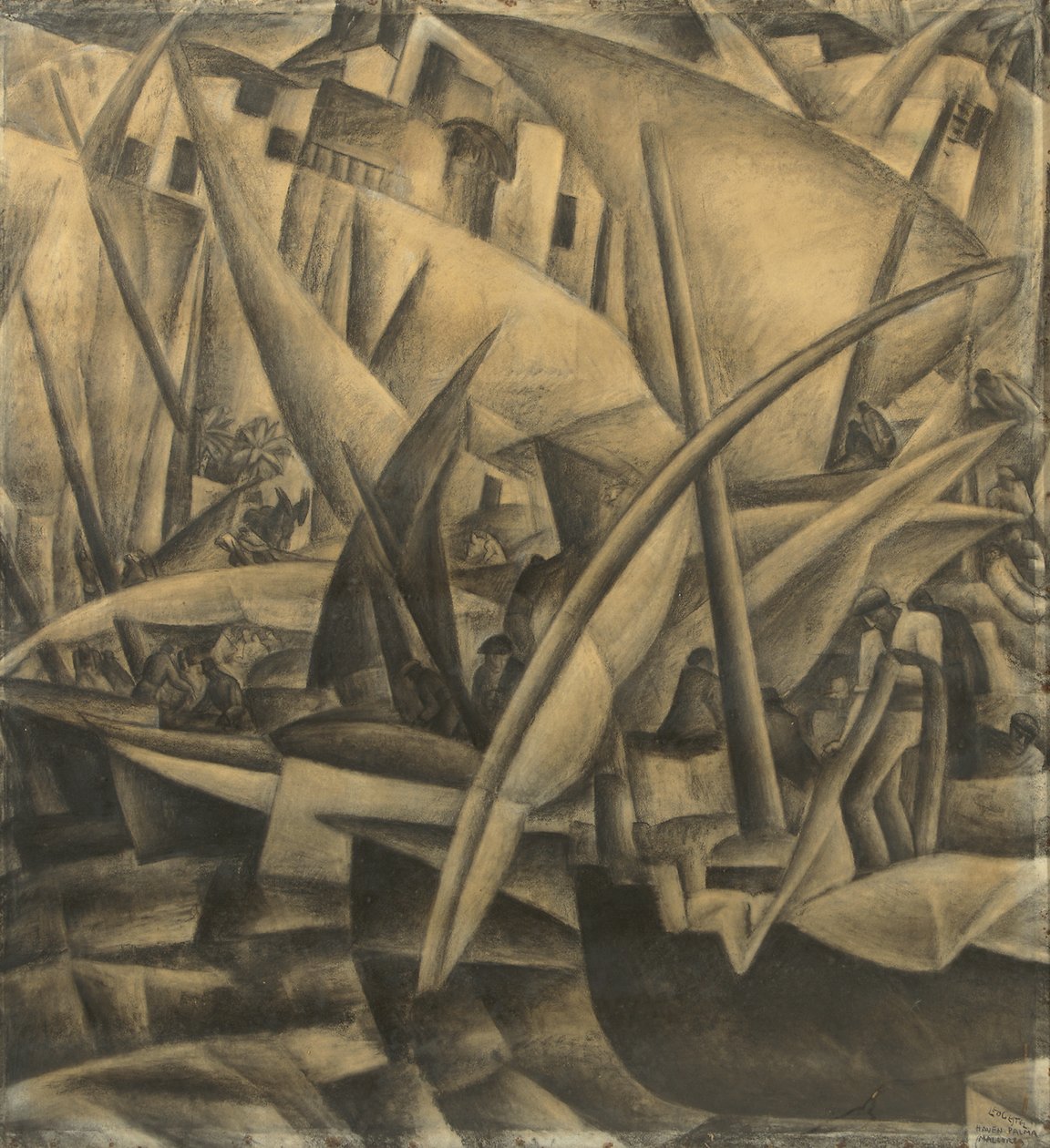 Palma de Mallorca kikötője, 1914 körül (faszén papíron) alkotó: Leo Gestel