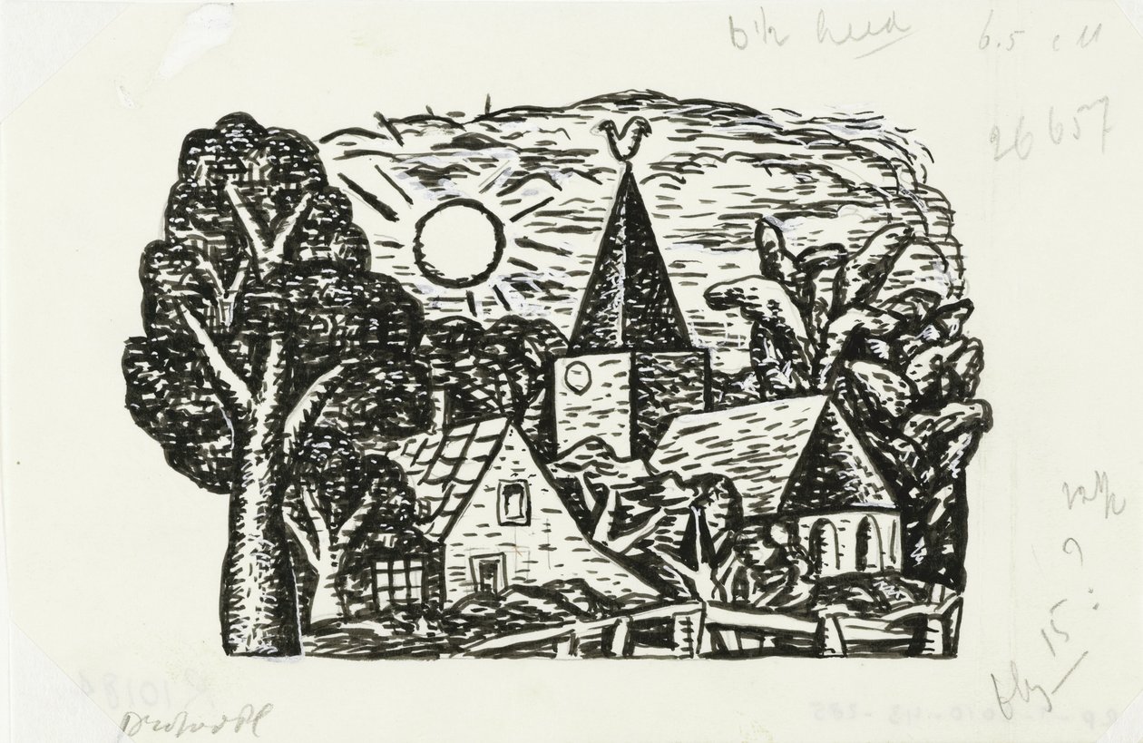 Matrica Gestel életrajzához, Prof. W. van der Pluym Untitled (falukép templommal és nappal, matrica Gestel életrajzához, Prof. W. van der Pluym) alkotó: Leo Gestel
