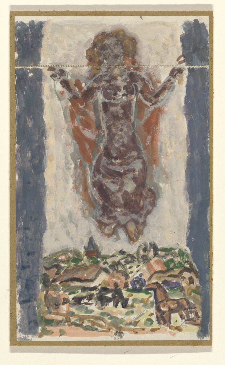 Nő kitárt karokkal egy táj felett alkotó: Leo Gestel