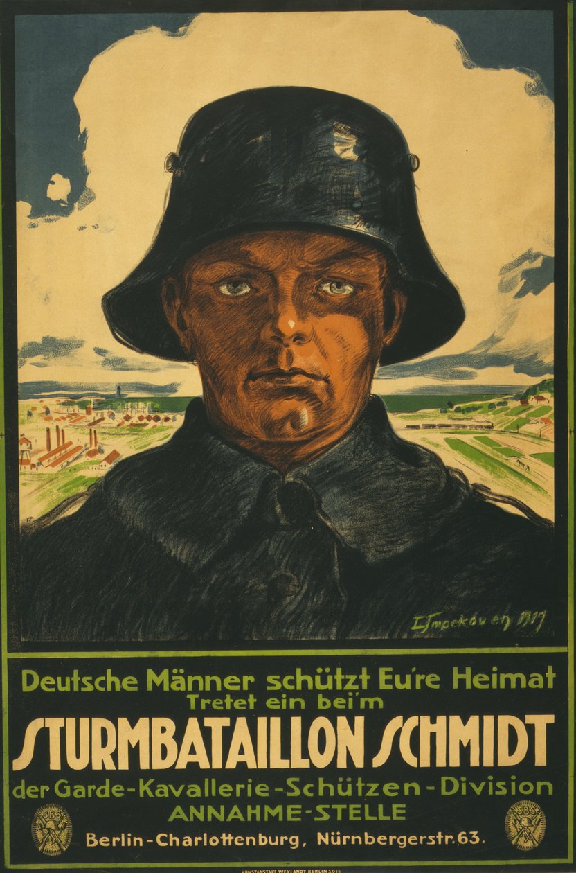 Schmidt rohamzászlóalj; Német férfiak megrázzák a hazát! 1919 (színes litográfia) alkotó: Leo Impekoven