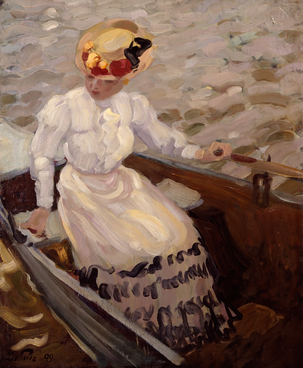 Elegáns hölgy evezős csónakban (olaj, vászon) alkotó: Leo Putz