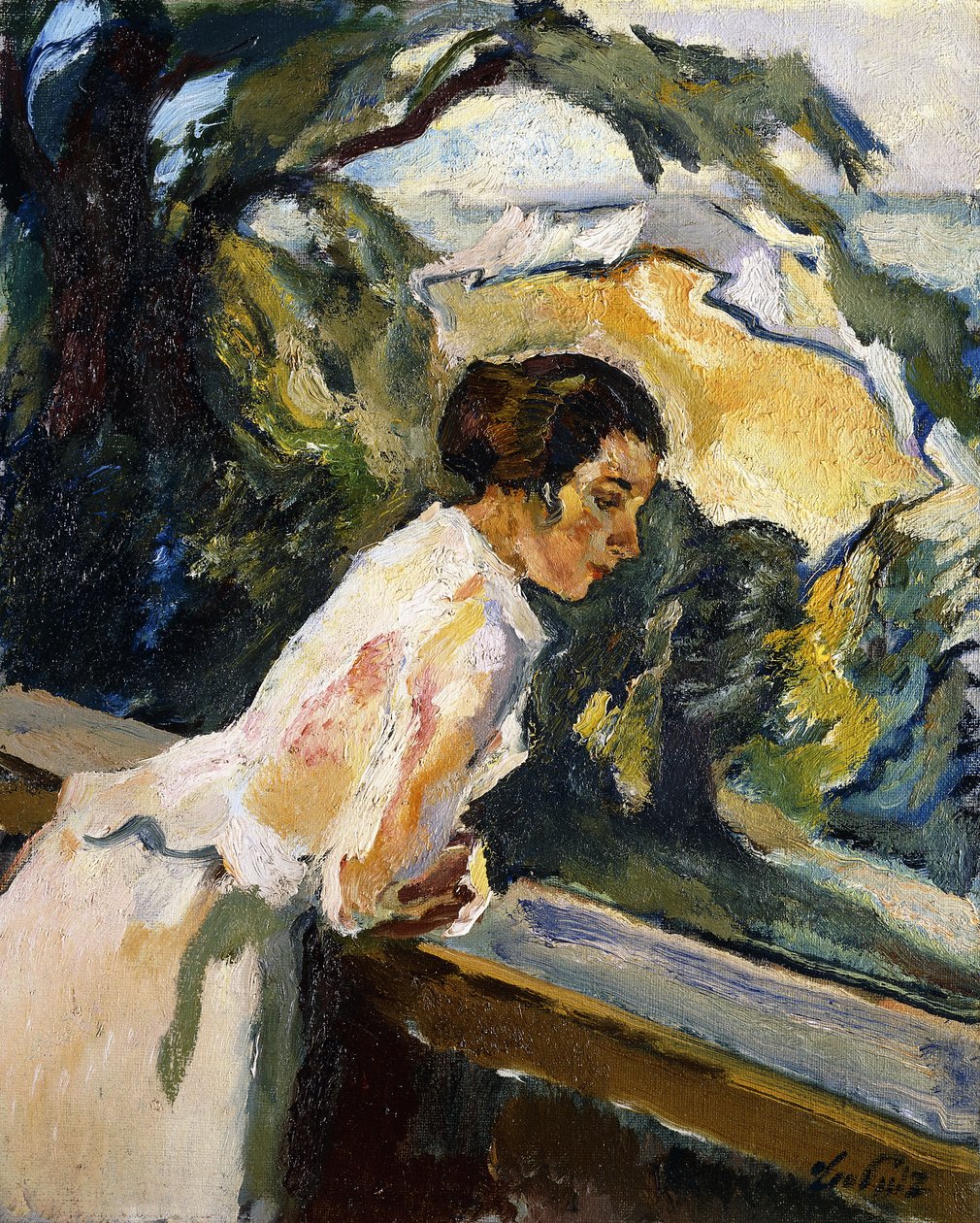 Frieda, a művész felesége, az erkély fölé hajolva, 1919-1922 körül (olaj, vászon) alkotó: Leo Putz