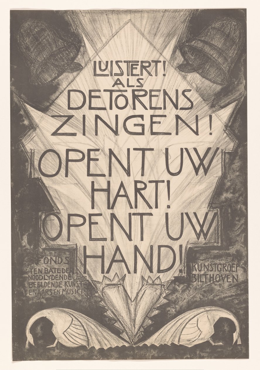 Poszter bajba jutott művészek és zenészek számára hallgat! Amikor a tornyok énekelnek! Tárd ki a szíved! Nyisd ki a kezed! (cím a tárgyon) alkotó: Leo Visser