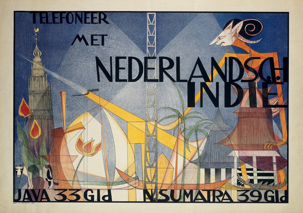 Plakát telefon Holland Kelet-Indiával Hívja a Holland Kelet-Indiát (...) (cím a tárgyon) alkotó: Leo Visser