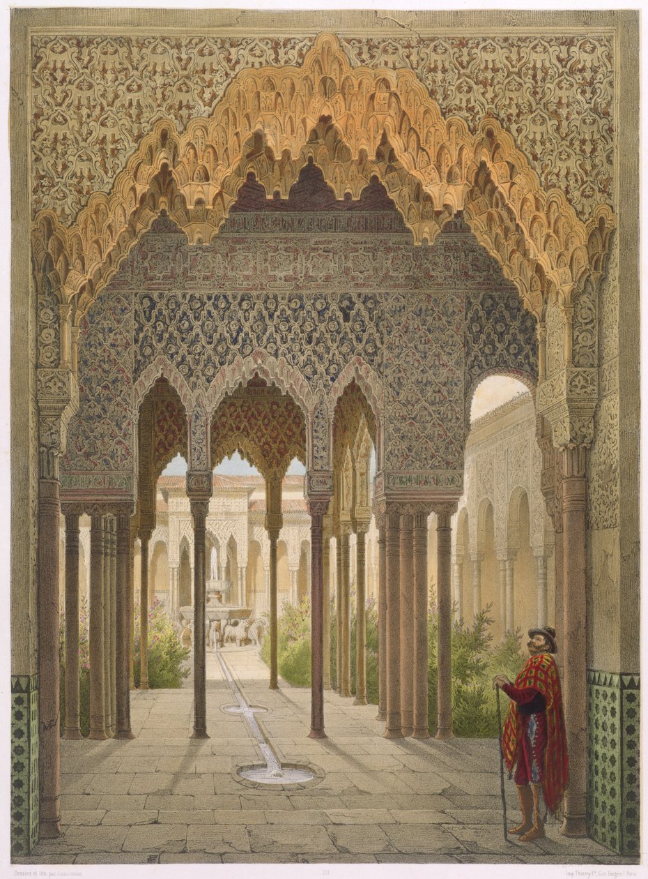 Az Oroszlánok udvara, az Alhambra, Granada, 1853 (színes litó) alkotó: Leon Auguste Asselineau
