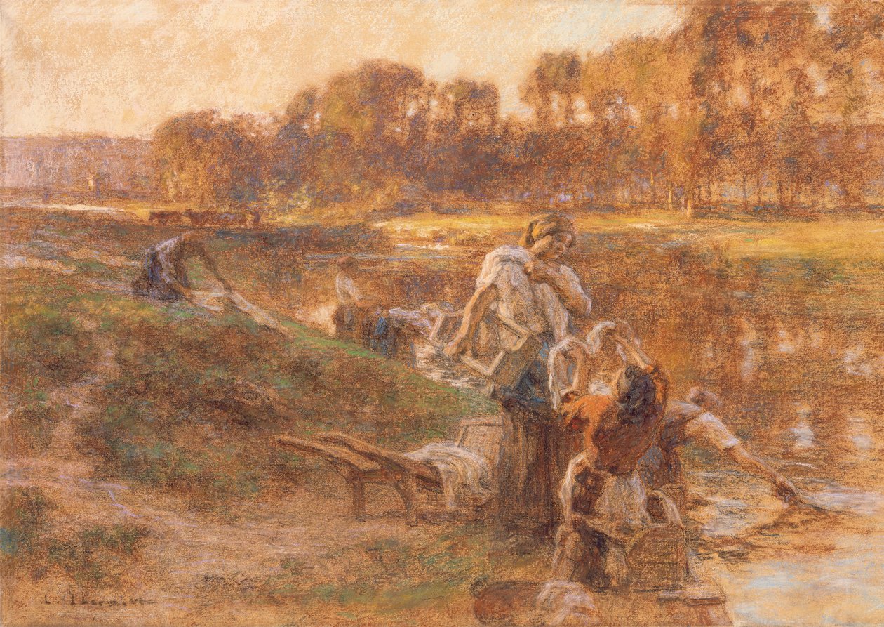 Mosók a napsütötte folyó tájban alkotó: Leon Augustin Lhermitte