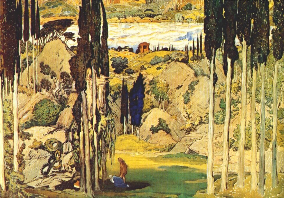 Díszletterv a Daphnis et Chloe balett világpremierjének, Maurice Ravel, Párizs alkotó: Leon Bakst