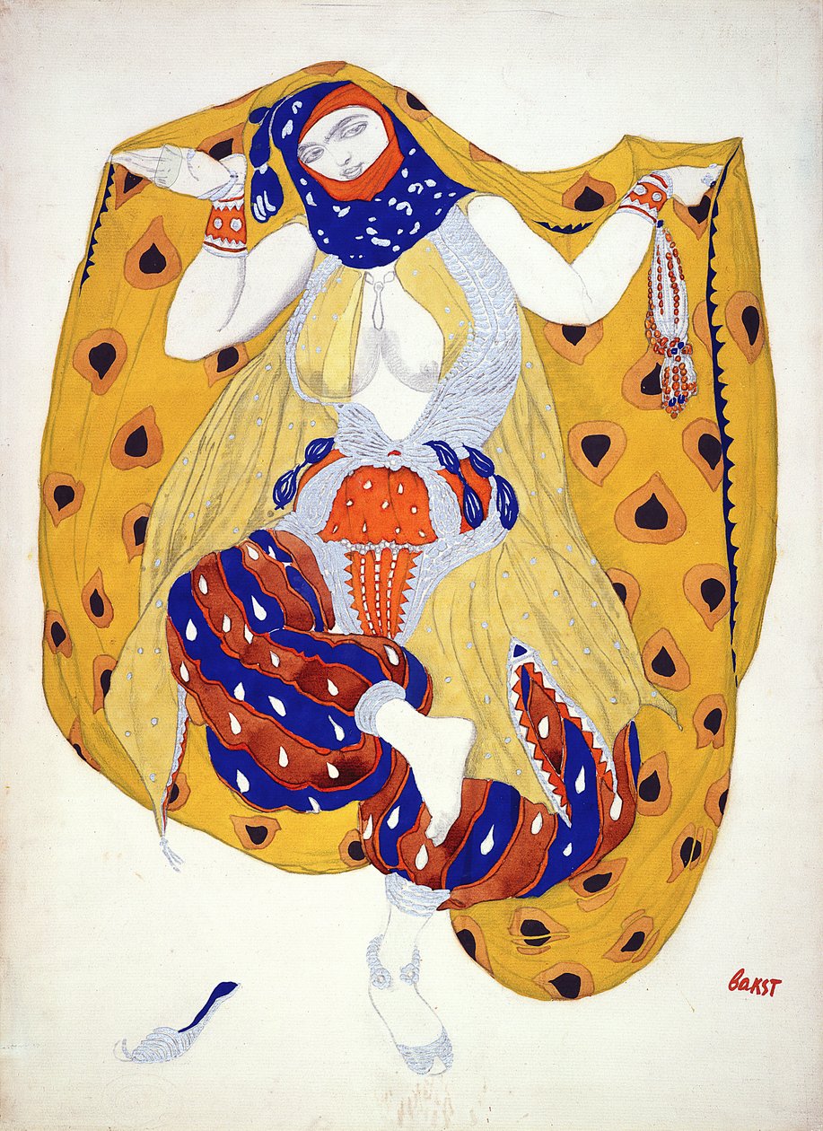 Jelmezterv egy táncos számára a „Scheherazade” című balettben, amelyet először Diaghilev készített, alkotó: Leon Bakst