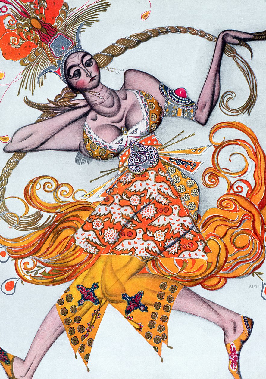 Jelmezterv a Diagilev-balett 1909-es nyitógáláján táncolt pas de deux-hez. alkotó: Leon Bakst