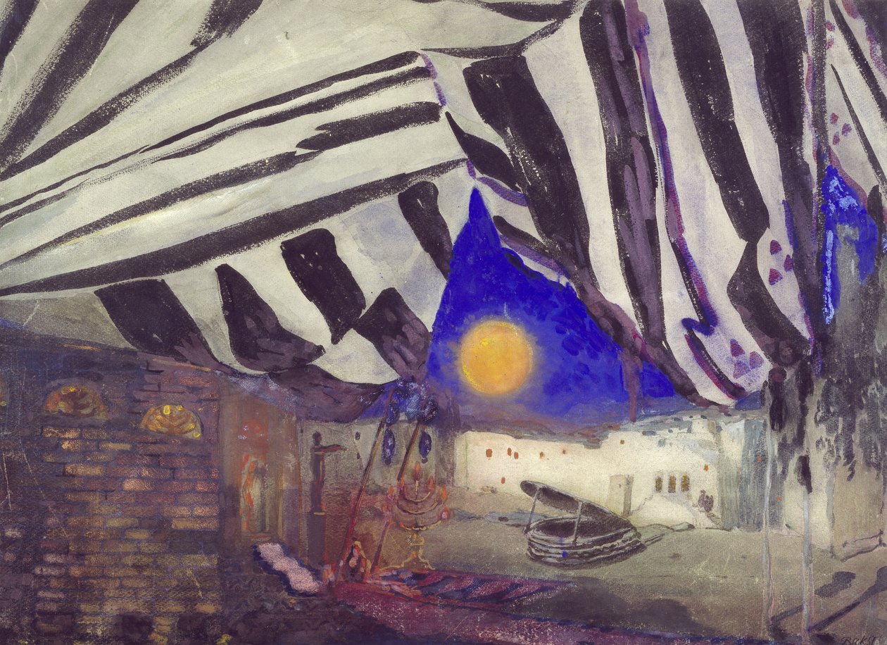 Dekoráció a "La Tragédie de Salomé"-hoz, 1912 körül (akvarell és testfesték, grafit fölött színes krétával, krémszínű vattapapírra). alkotó: Leon Bakst