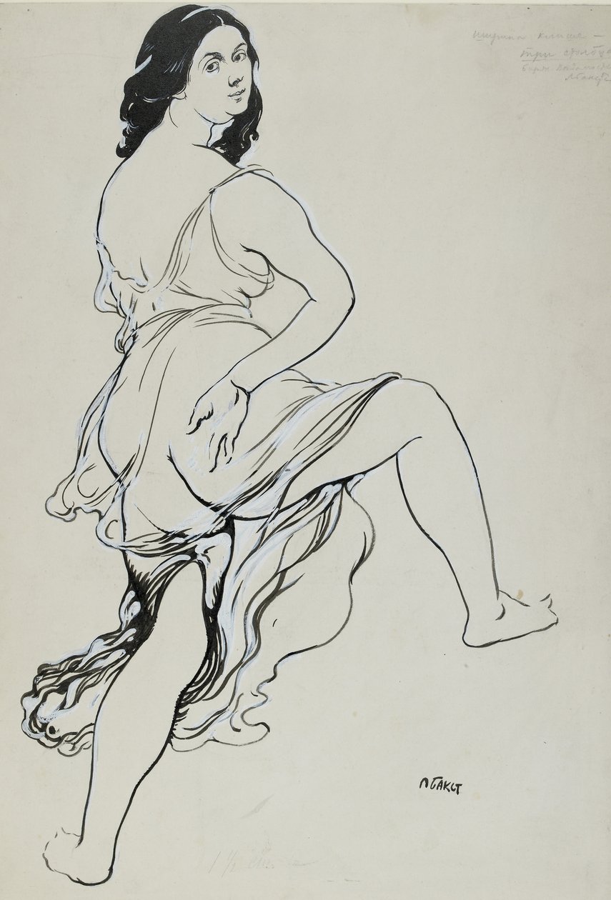 Isadora Duncan táncoló portréja (ecset és indiai tinta a grafit nyomain, fehér testszínre korrigálva finom textúrájú törtfehér papíron) alkotó: Leon Bakst