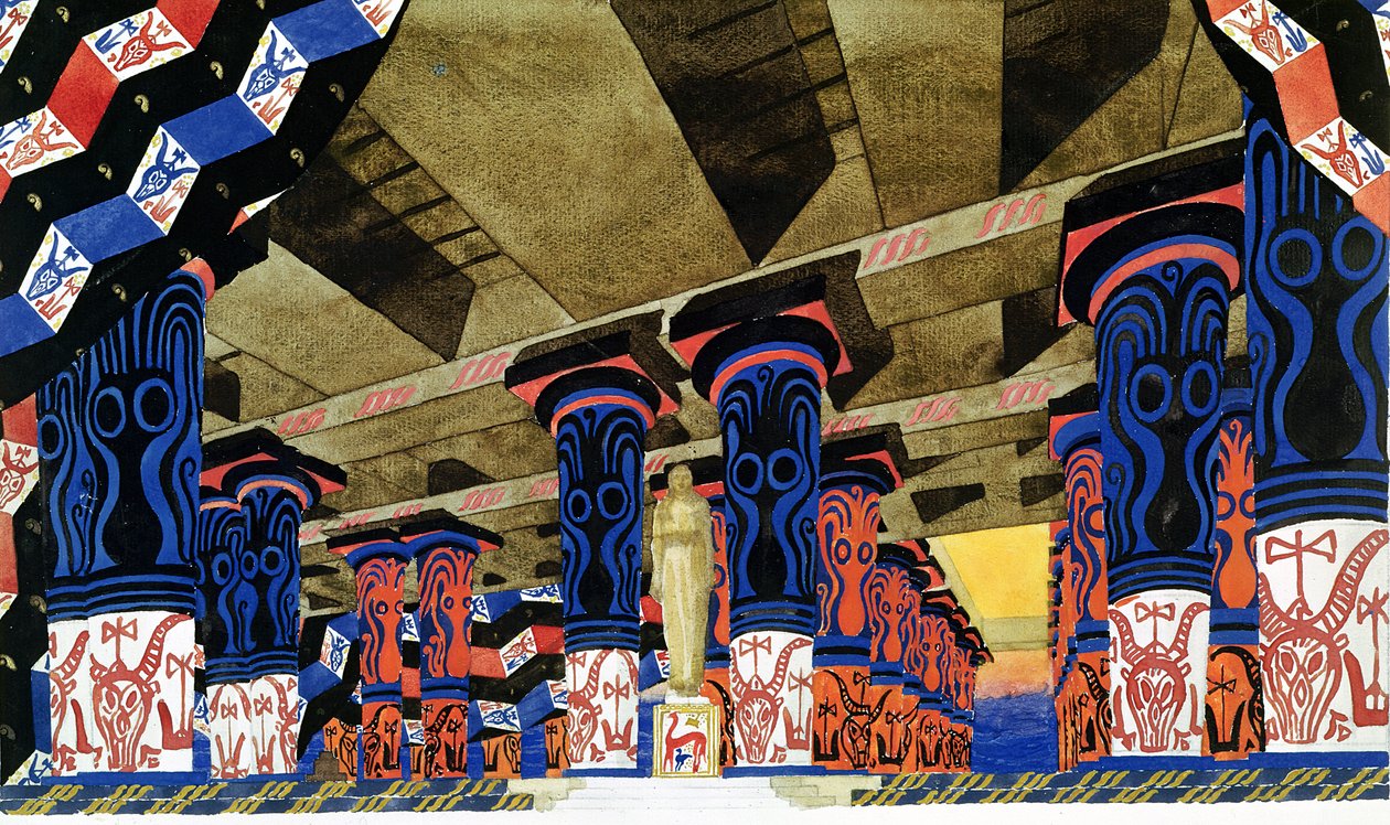 Jean Racine (1639-99) „Phedre” díszletterve, 1923 (ceruza, wc és gouache papíron) alkotó: Leon Bakst