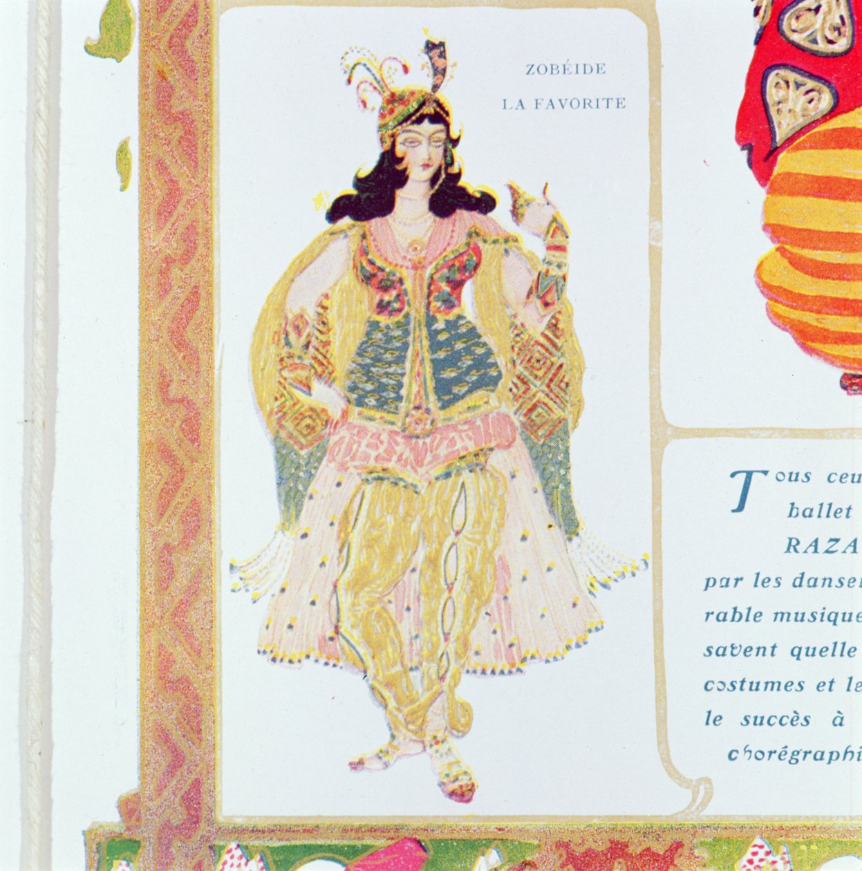 Zobeide, a kedvenc ágyasa és a Shariar hárem vezetője, jelmeztervező Diaghilev 1910-es „Scheherazade” című balettjéhez. alkotó: Leon Bakst