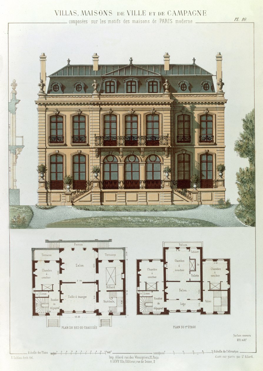 Párizsi külvárosi ház és tervek a "Villák, városi és vidéki házak a párizsi modern házain" című sorozatból, 1860 körül alkotó: Leon Isabey