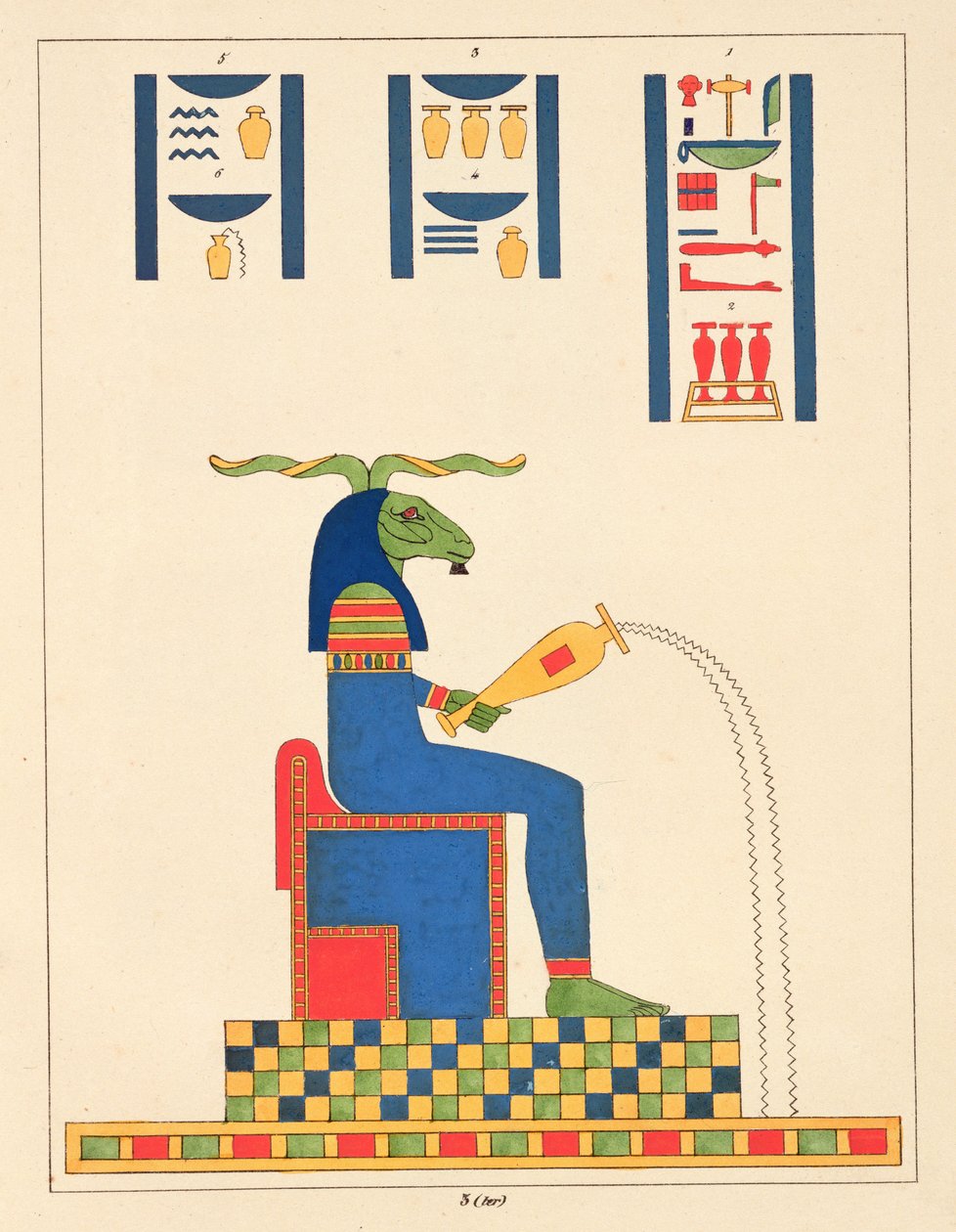 Khnum isten, illusztráció az egyiptomi panteonból: Jean-Francois Champollion mitológiai szereplőinek gyűjteménye az ókori Egyiptomból, megjelent 1823-25 alkotó: Leon Jean Joseph Dubois