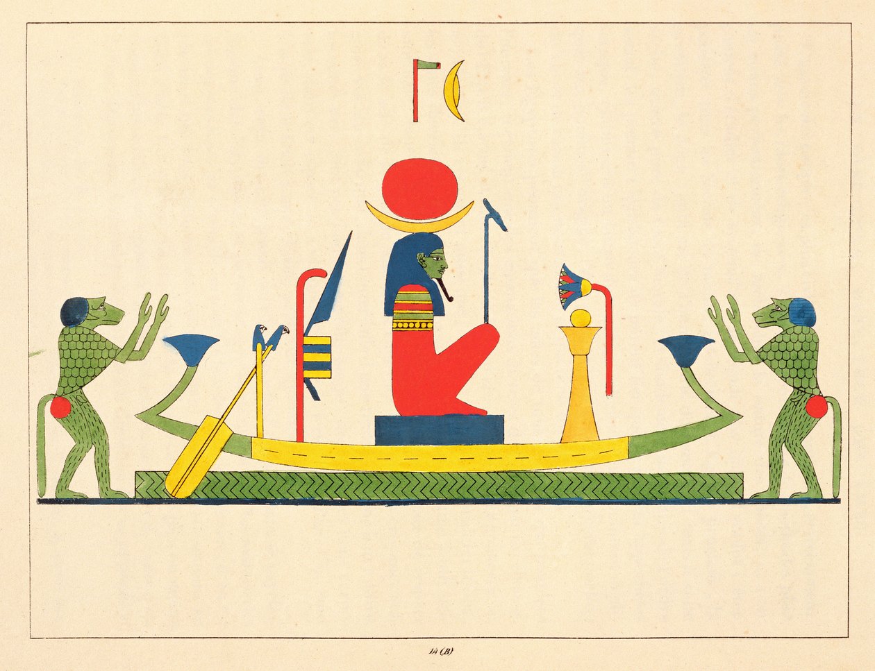 Khonsu isten, illusztráció az egyiptomi panteonból: Jean-Francois Champollion mitológiai szereplőinek gyűjteménye az ókori Egyiptomból, megjelent 1823-25 alkotó: Leon Jean Joseph Dubois