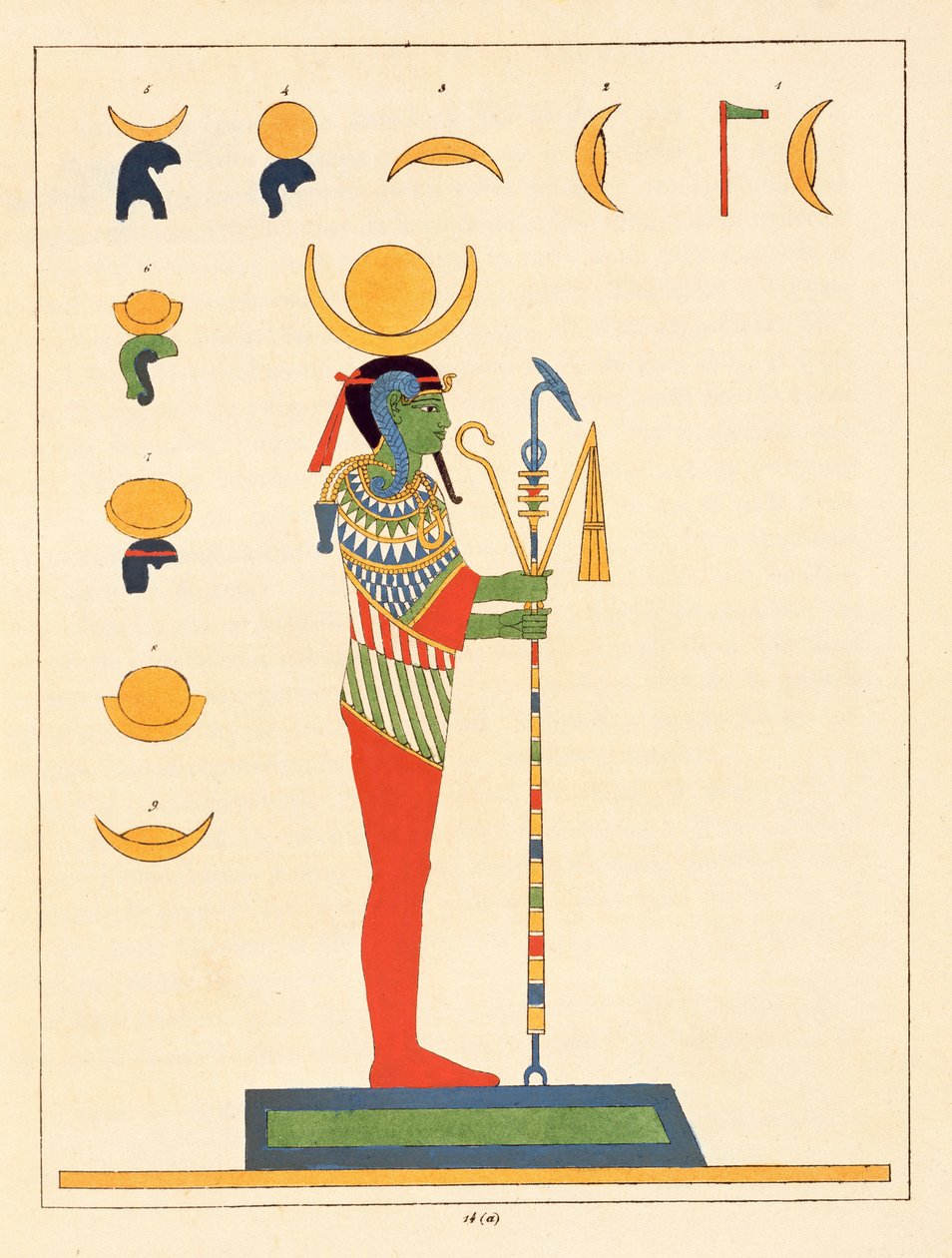 Khonsu isten, illusztráció az egyiptomi panteonból: Jean-Francois Champollion mitológiai szereplőinek gyűjteménye az ókori Egyiptomból, megjelent 1823-25 alkotó: Leon Jean Joseph Dubois