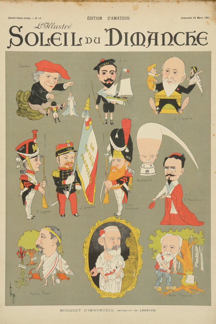 Karikatúra az Academie Francaise tagjairól, a „Soleil du Dimanche” címlapjáról, 1901. március 24., vasárnap alkotó: Leon Lebegue
