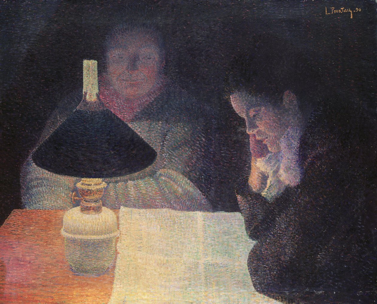 Olvasás a lámpa alatt, 1890 alkotó: Leon Pourtau