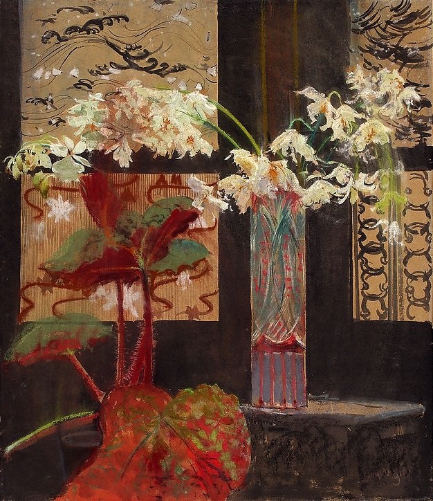 Fehér orchideák és begónia. alkotó: Leon Wyczokowski