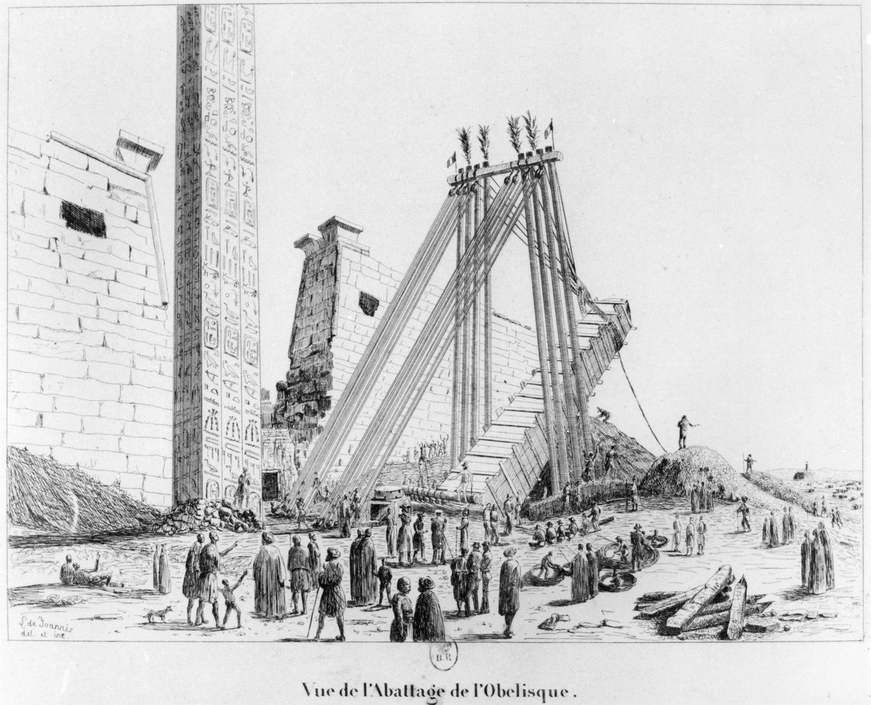 Az obeliszk lebontása a luxori templomból, a Campagne Pittoresque de Luxorból, 1835 alkotó: Leon de Joannis