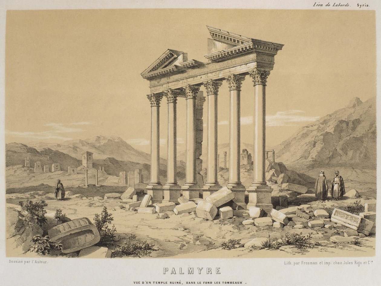 Egy romos templom látképe, Palmyra, Szíria, illusztráció Leon de Laborde "Voyage en Asie Mineure" című művéből, Párizs, 1838. alkotó: Leon de Laborde