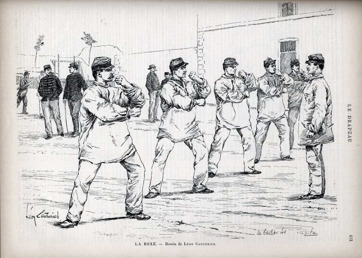 La Boxing – Francia Armees – Leon Couturier (1842-1935) rajza – „A zászló” című filmhez – A Hazafiak Ligájának figyelője” – augusztus 22. alkotó: Leon Antoine Lucien Couturier
